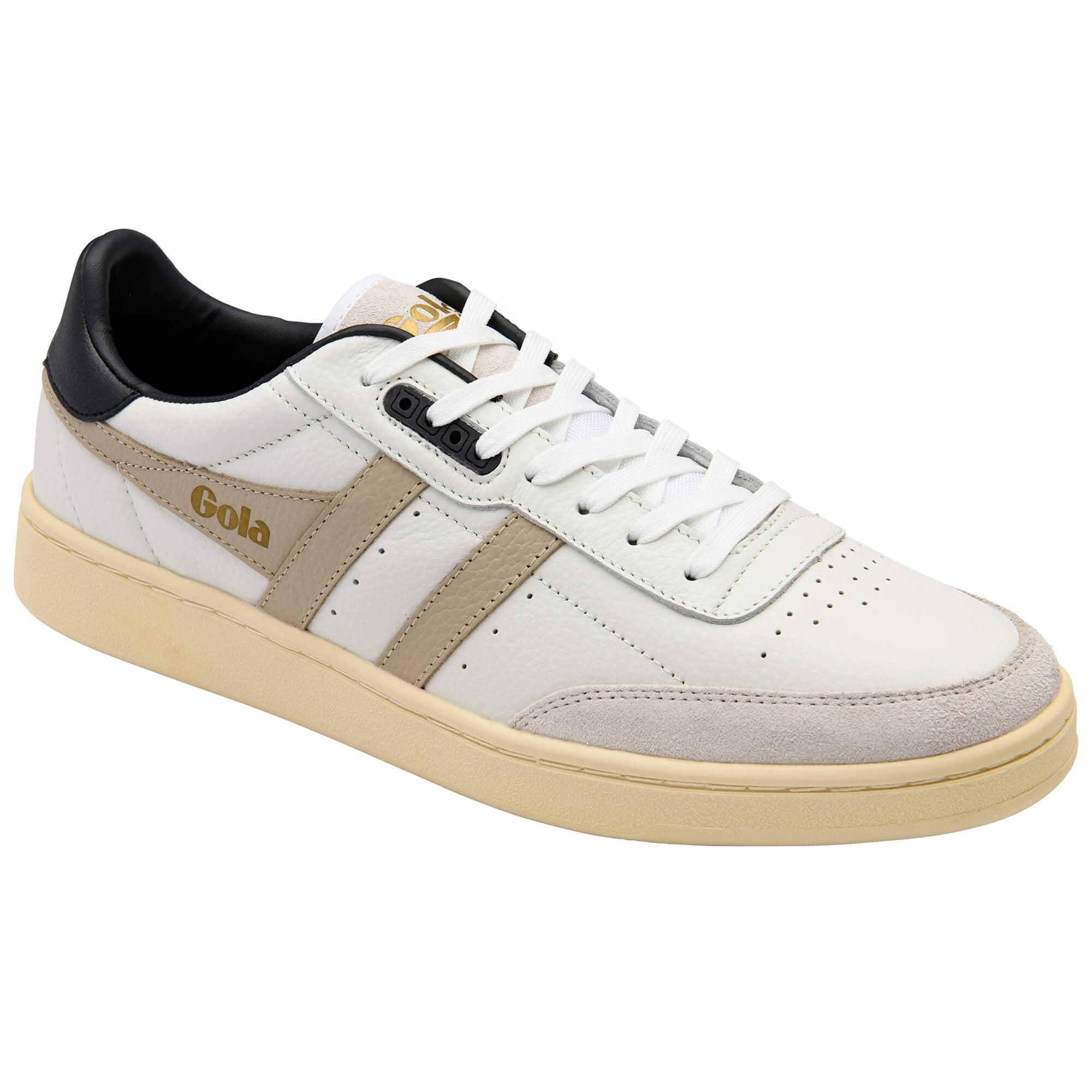 White trainer with brown accents and black heel on a white background