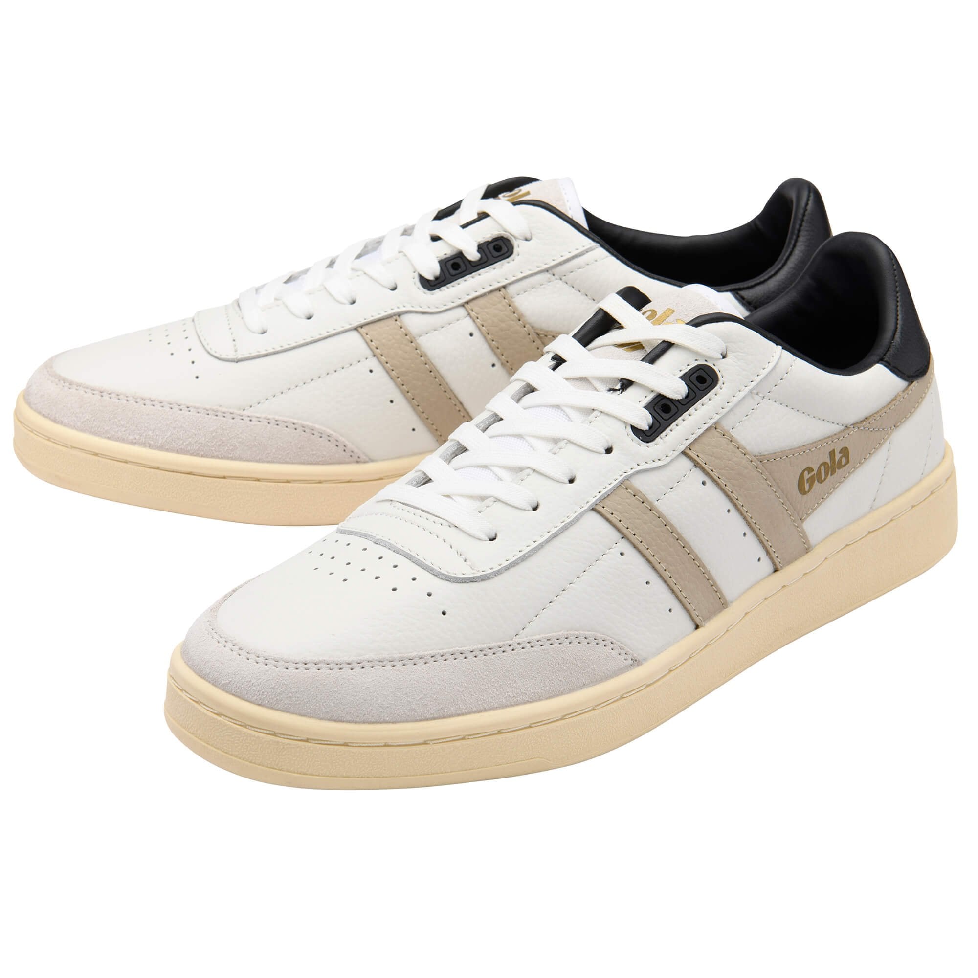 Pair of Gola Grandslam trainers in off-white with tan stripes and black heel detail