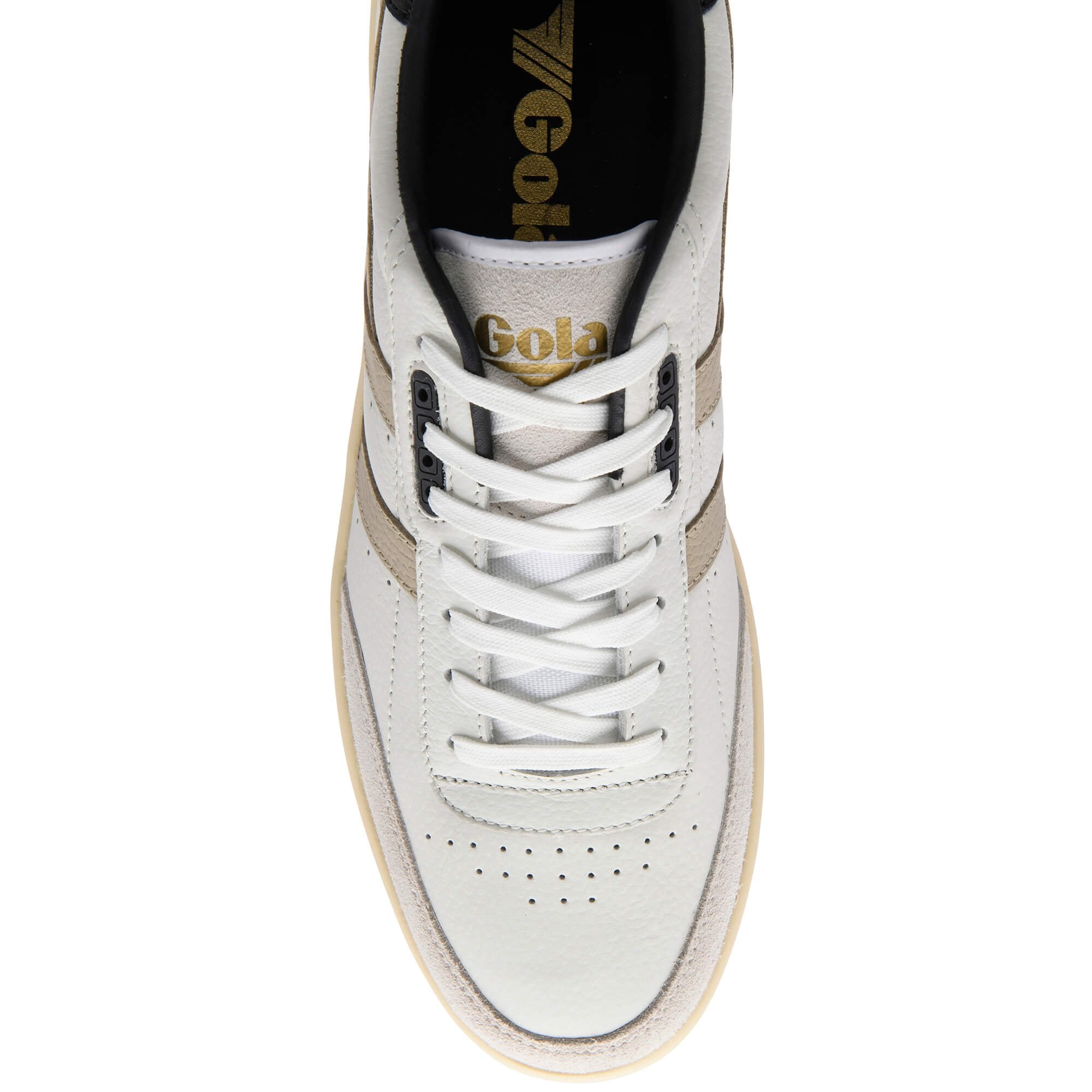 White trainer with gold logo on a white background
