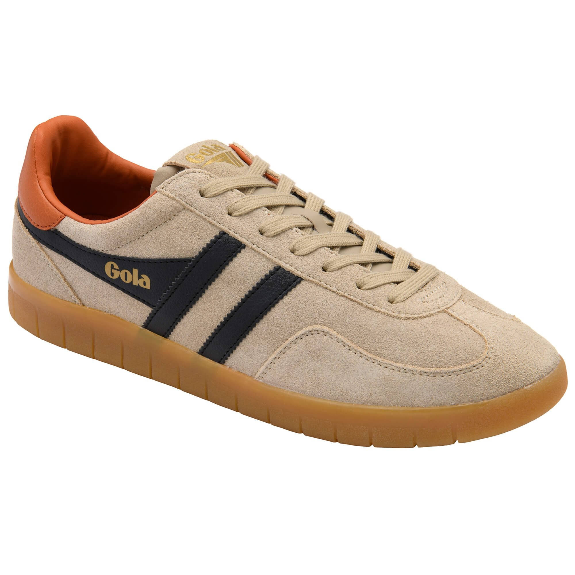 Beige trainer with brown accents on a white background