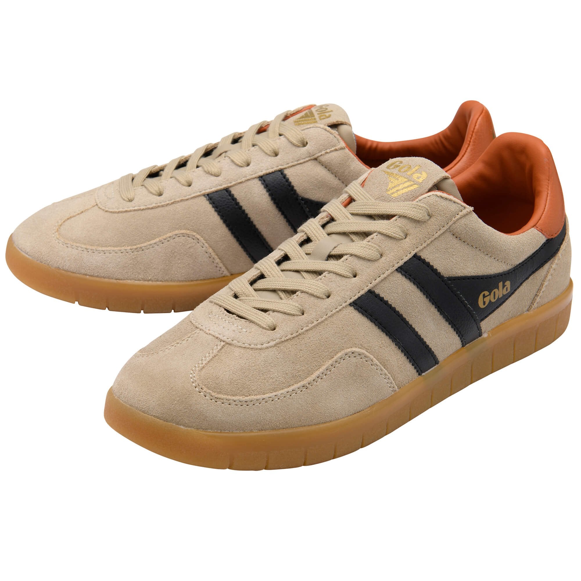 Pair of Gola Elan sneakers in tan suede with black stripes and a gum sole