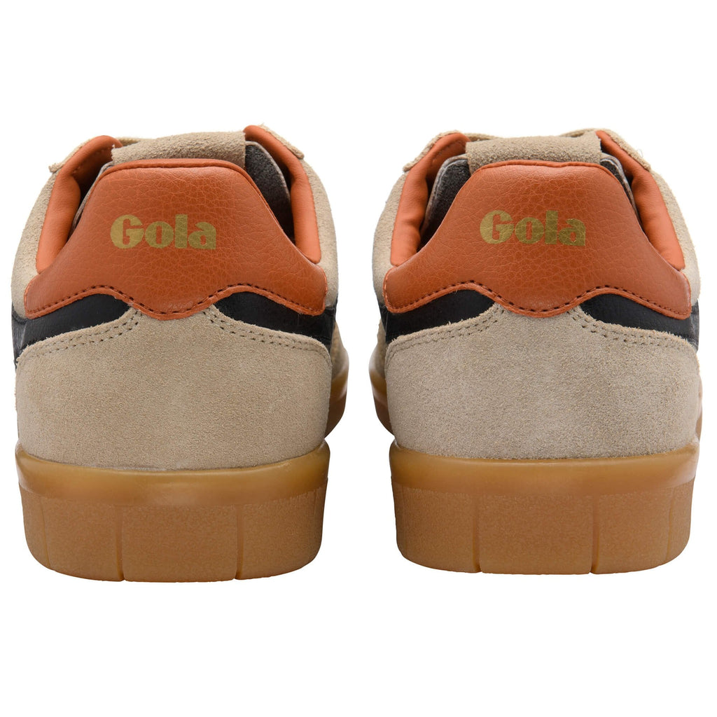 Pair of Gola sneakers, back view, tan suede with orange leather heel tab and gum sole