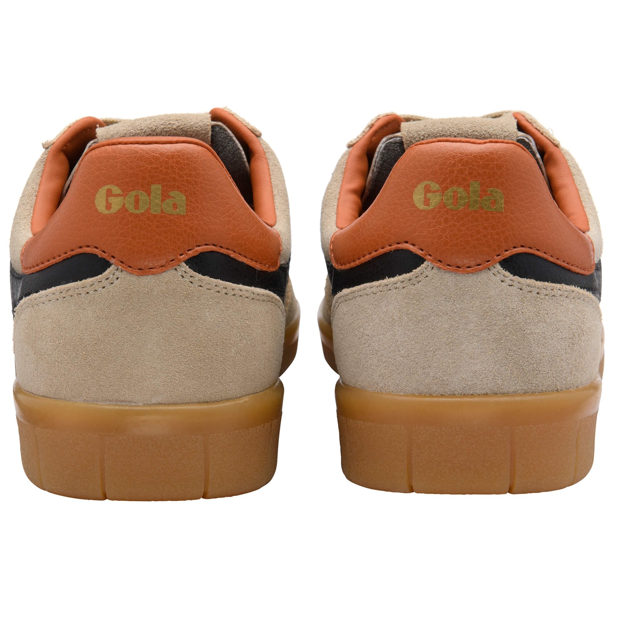 Pair of Gola sneakers, back view, tan suede with orange leather heel tab and gum sole