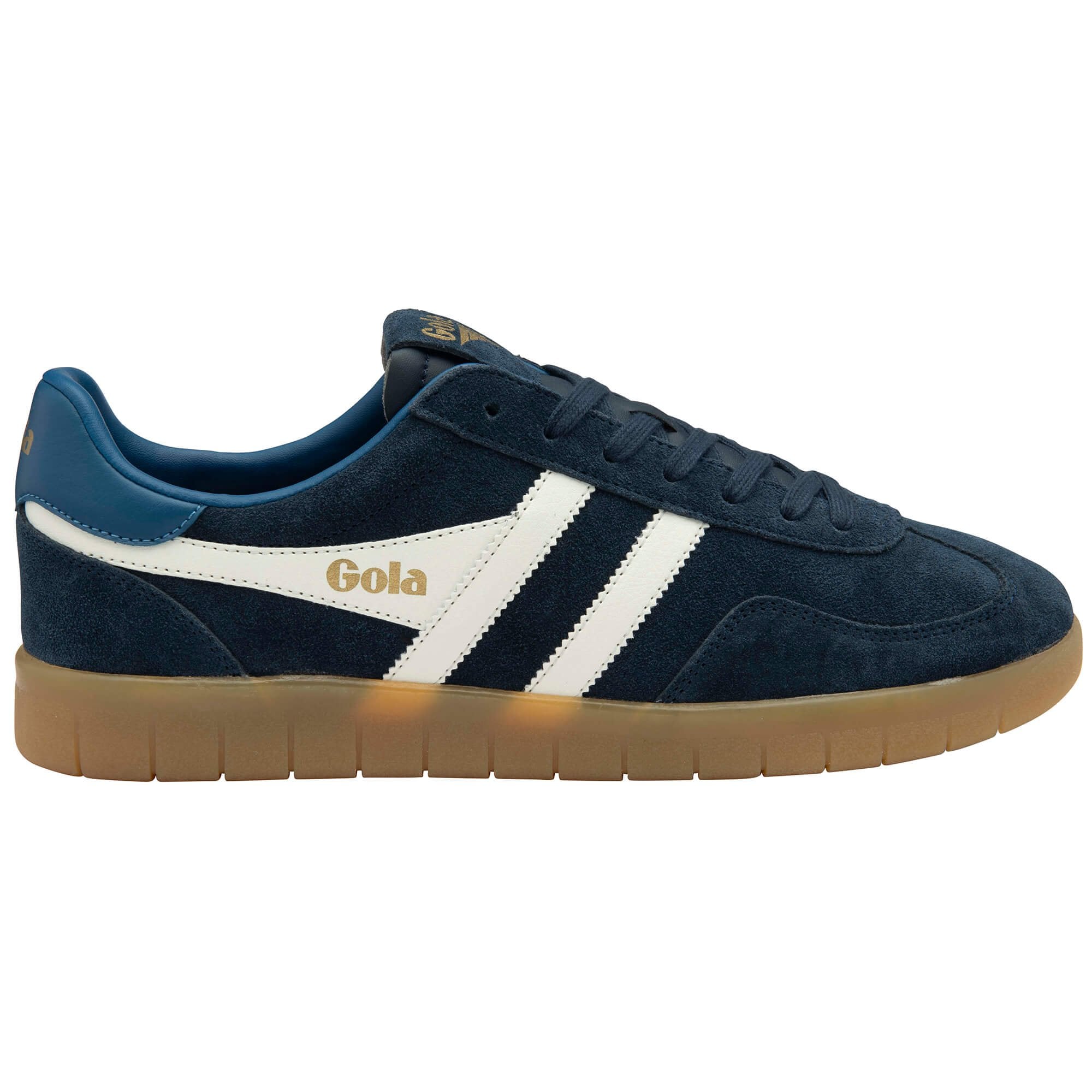 Navy blue Gola trainer with white stripes on a white background