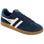 Gola Harrier suede trainers in navy with white stripes and a gum sole