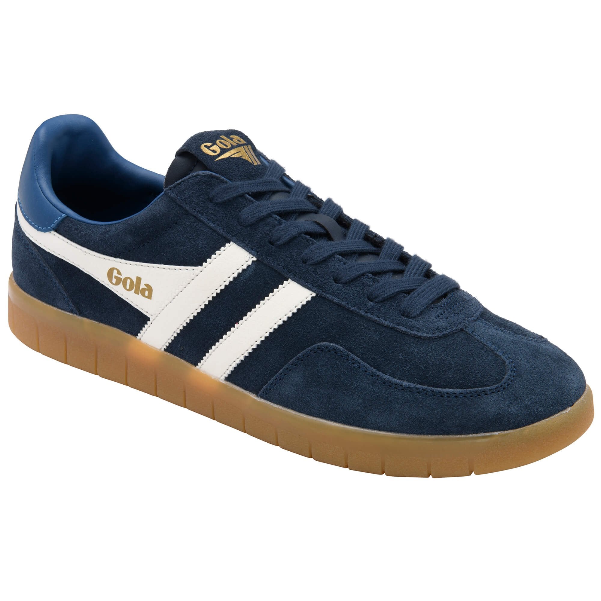 Gola Harrier suede trainers in navy with white stripes and a gum sole