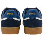 Pair of Gola sneakers, navy blue suede with white stripe, brown gum sole, and gold Gola logo on heel