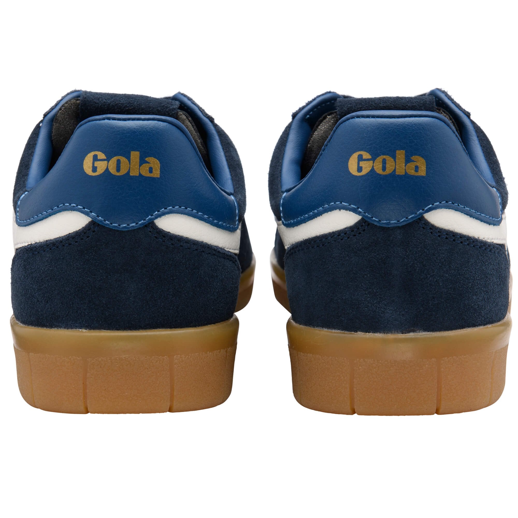 Pair of Gola sneakers, navy blue suede with white stripe, brown gum sole, and gold Gola logo on heel