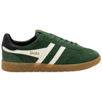 Green trainer with white stripes and brown sole on a white background