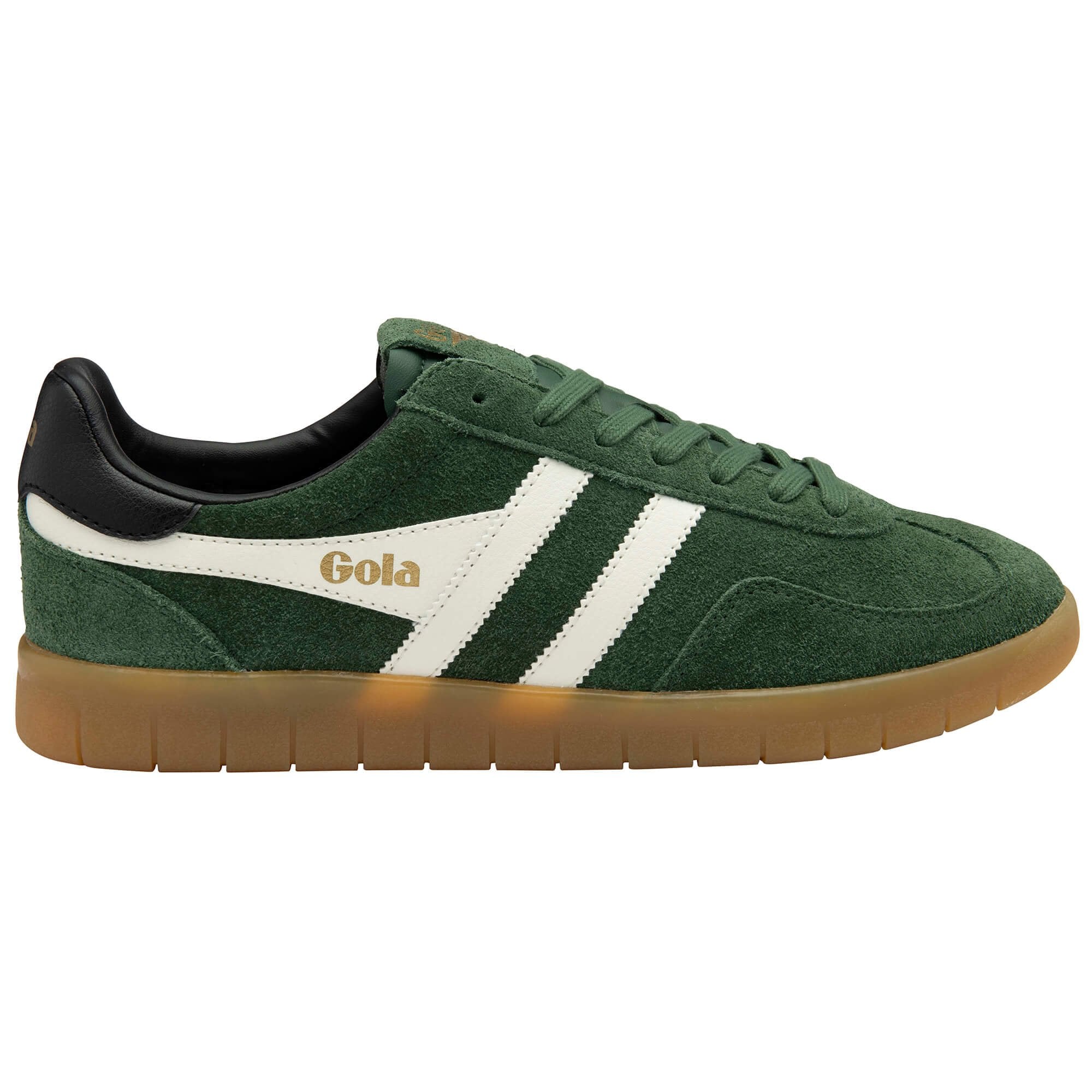 Green trainer with white stripes and brown sole on a white background