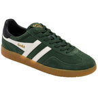 Green trainer with white stripes and brown sole on a white background