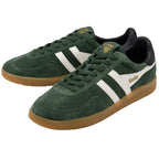 Green trainers with white stripes on a white background