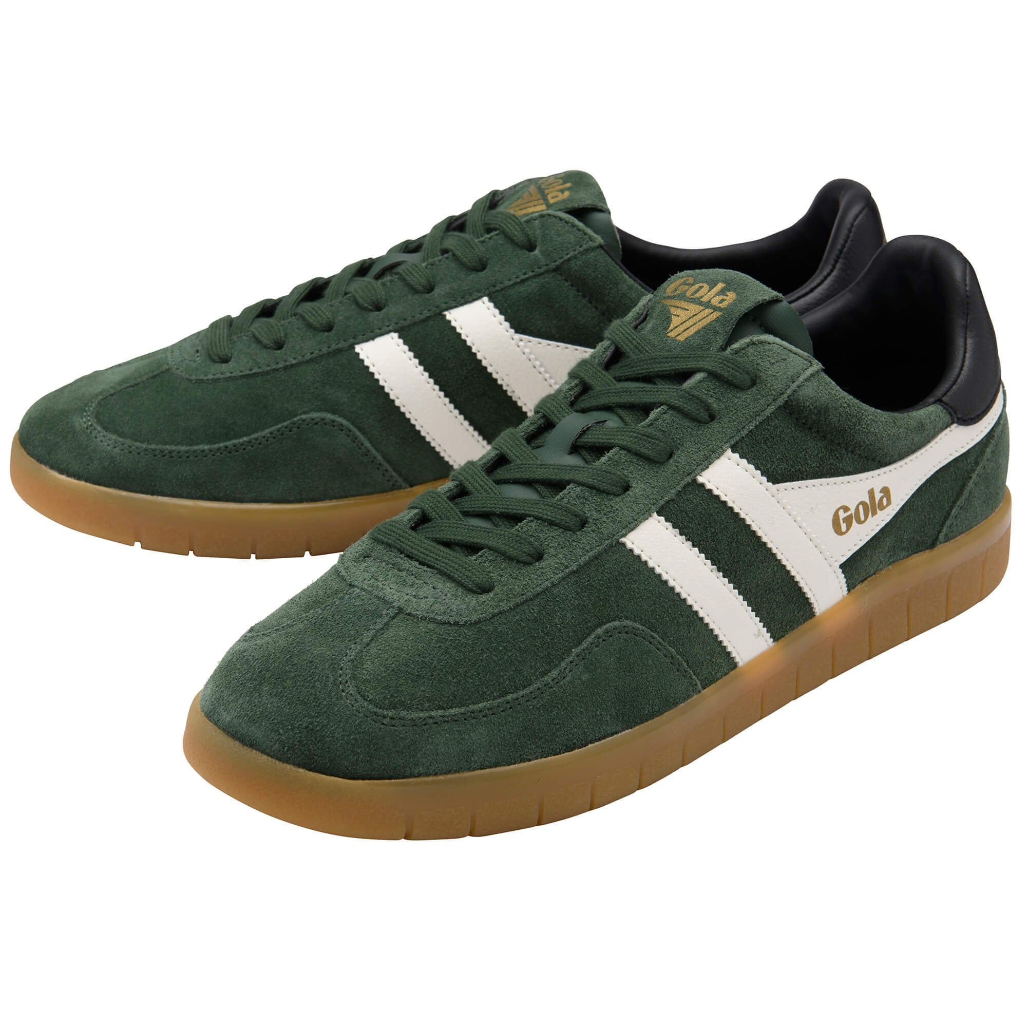Green trainers with white stripes on a white background