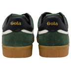 Green and black Gola trainers with brown soles on a white background