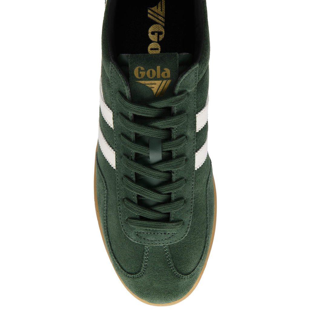 Green trainer with white stripes and 'Gola' branding on a white background