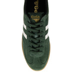 Green trainer with white stripes and 'Gola' branding on a white background