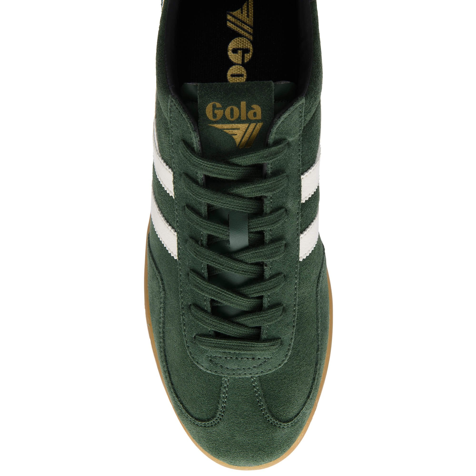 Green trainer with white stripes and 'Gola' branding on a white background