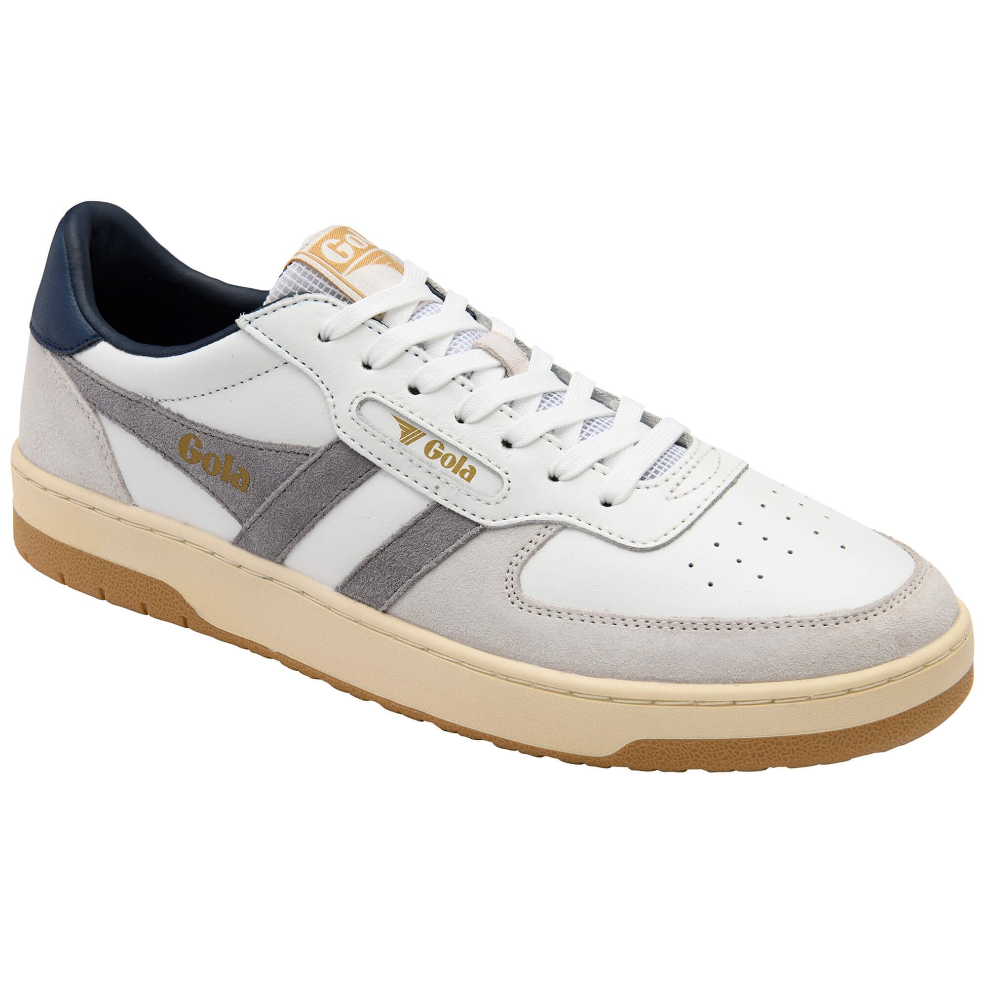 White and grey trainer with brown sole on a white background