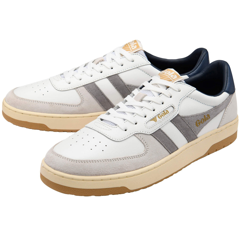 Pair of Gola trainers in white, grey, and navy with a gum sole