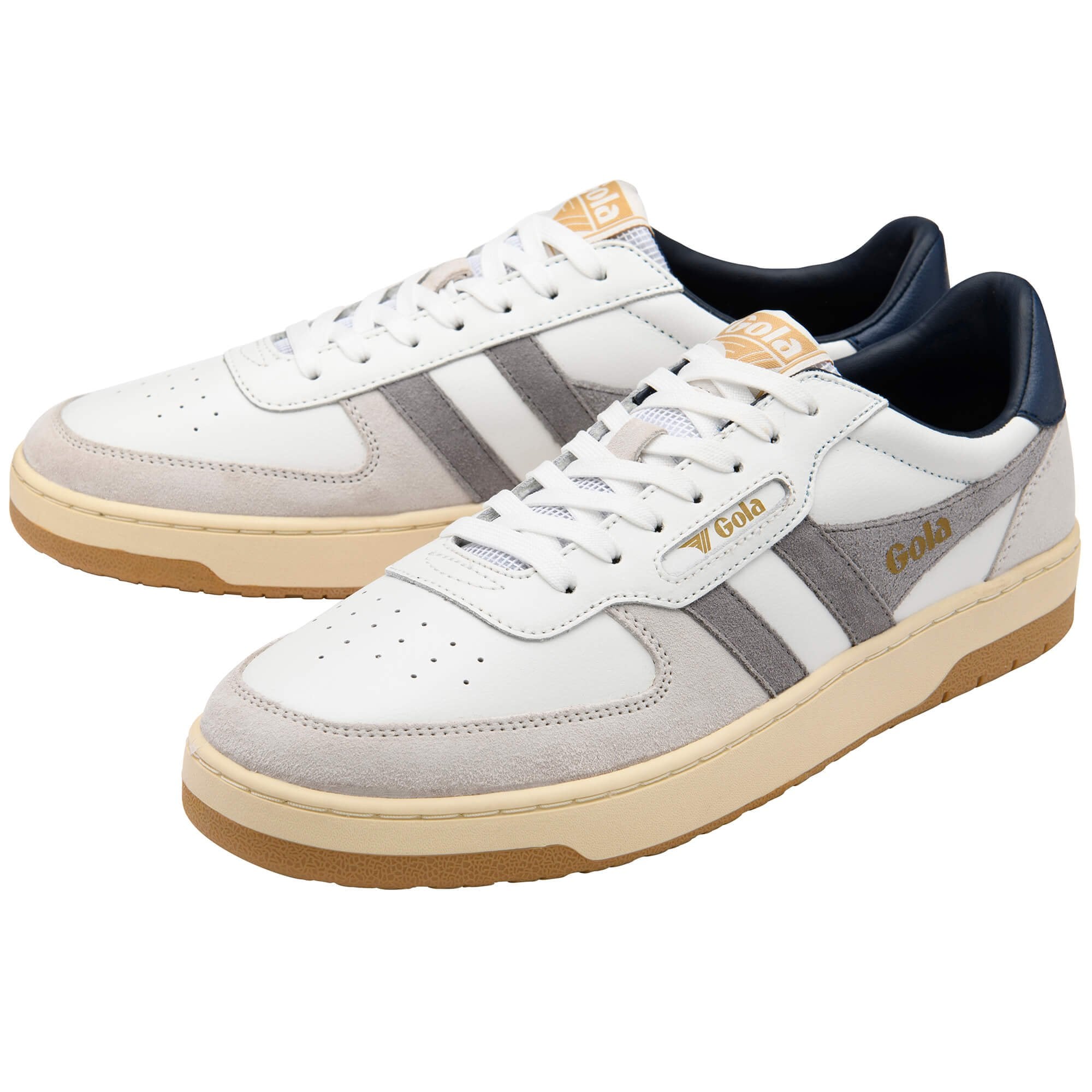Pair of Gola trainers in white, grey, and navy with a gum sole