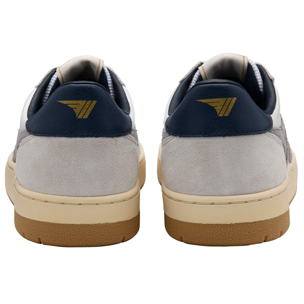 Rear view of two grey and white trainers with navy blue heel tabs and a gold logo