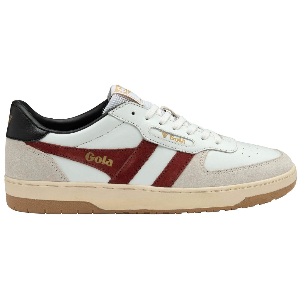 White Gola trainer with red stripes and a black heel tab