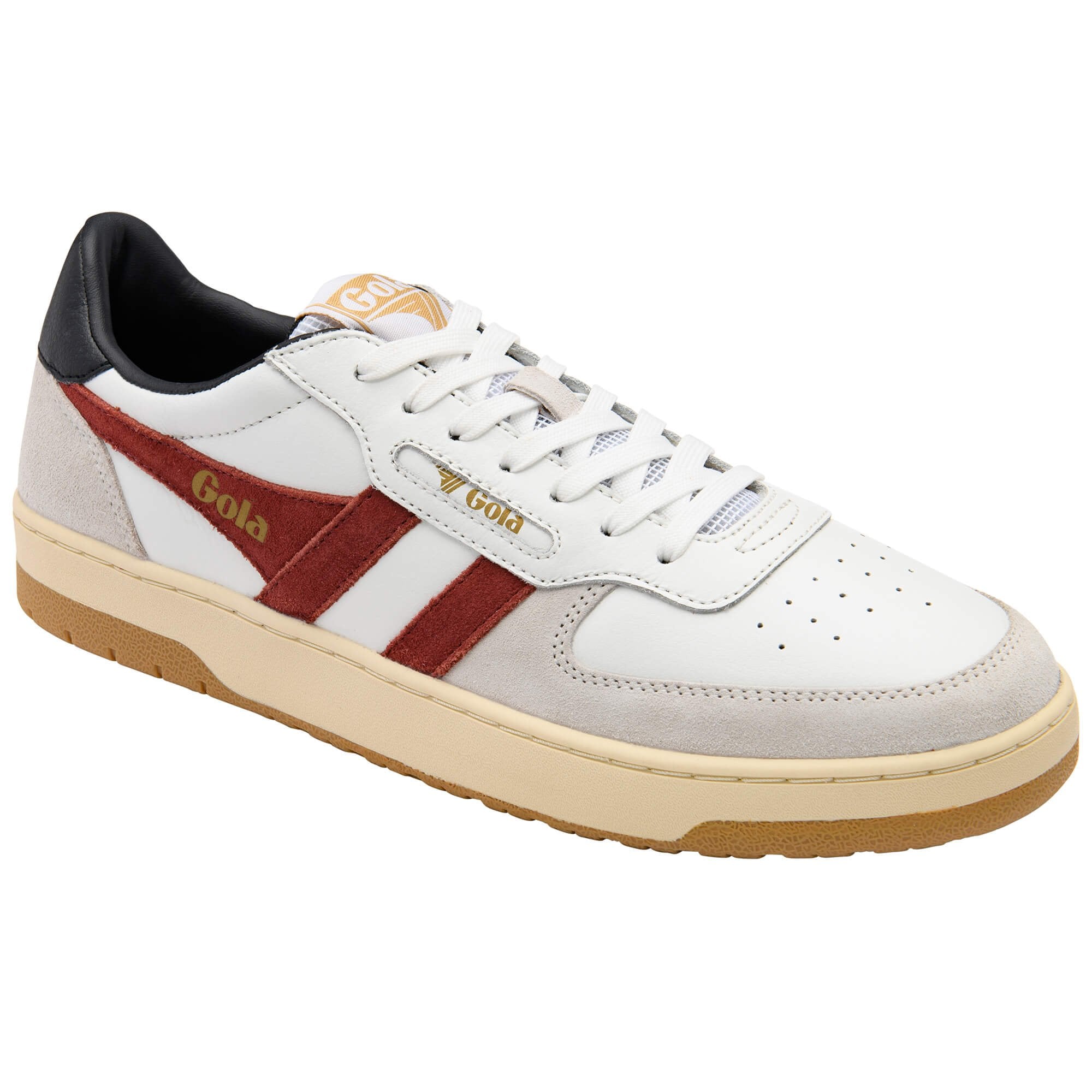 White trainer with red stripes and black heel on a white background
