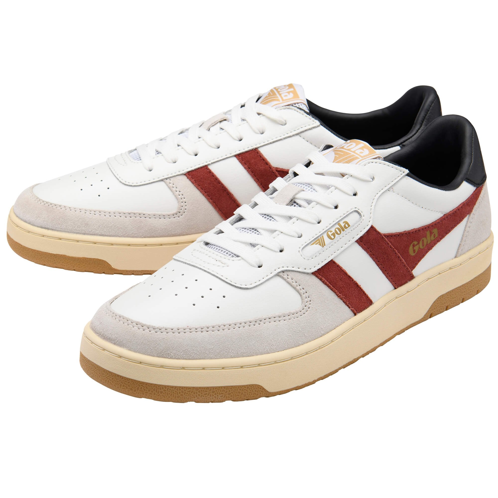 White trainers with red and black stripes on a white background