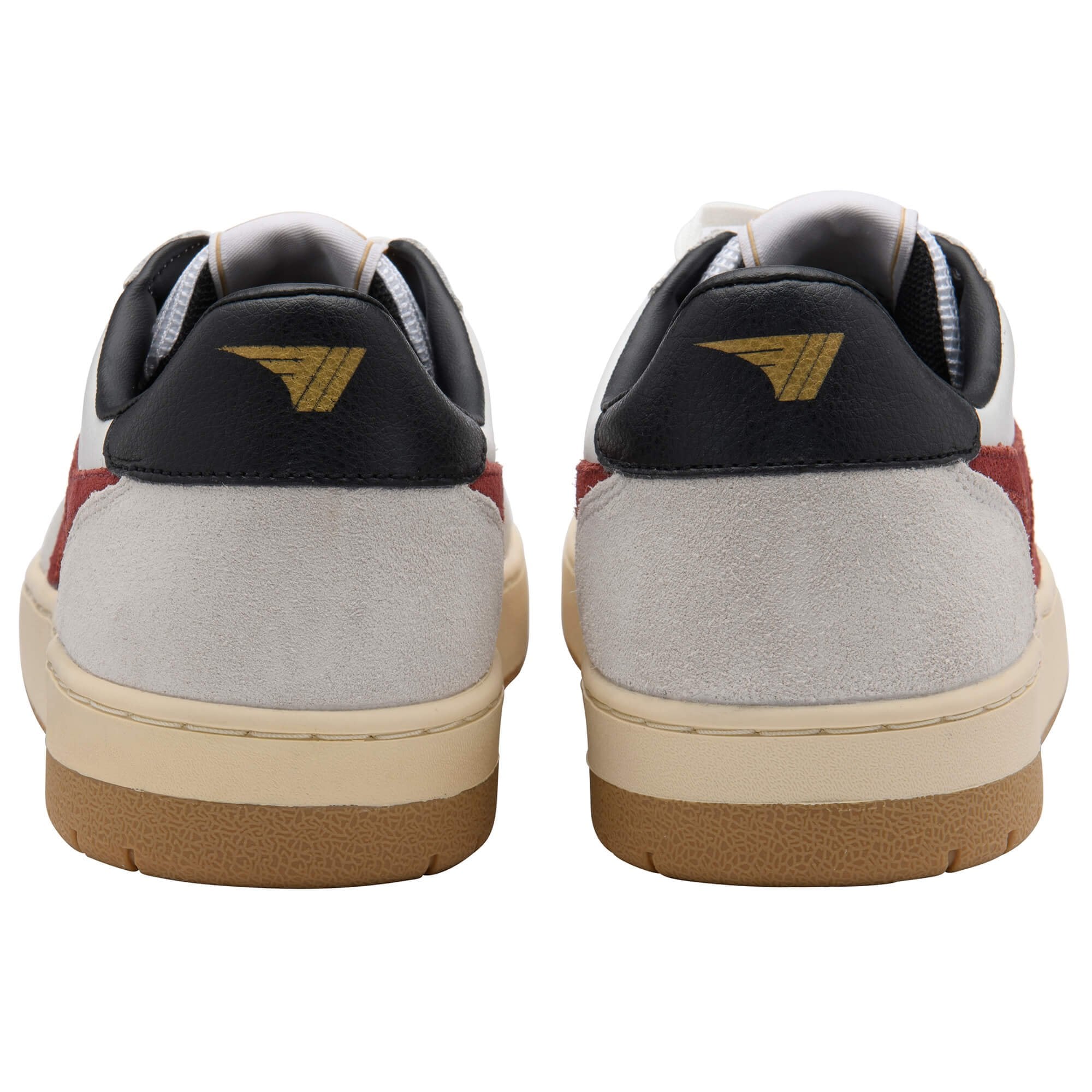 Rear view of two white, red, and black trainers with a gold logo on the heel