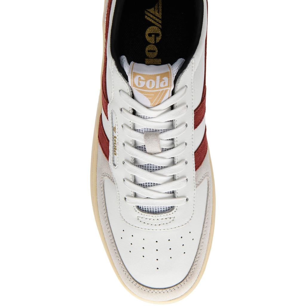 White trainer with red accents and Gola logo on a white background