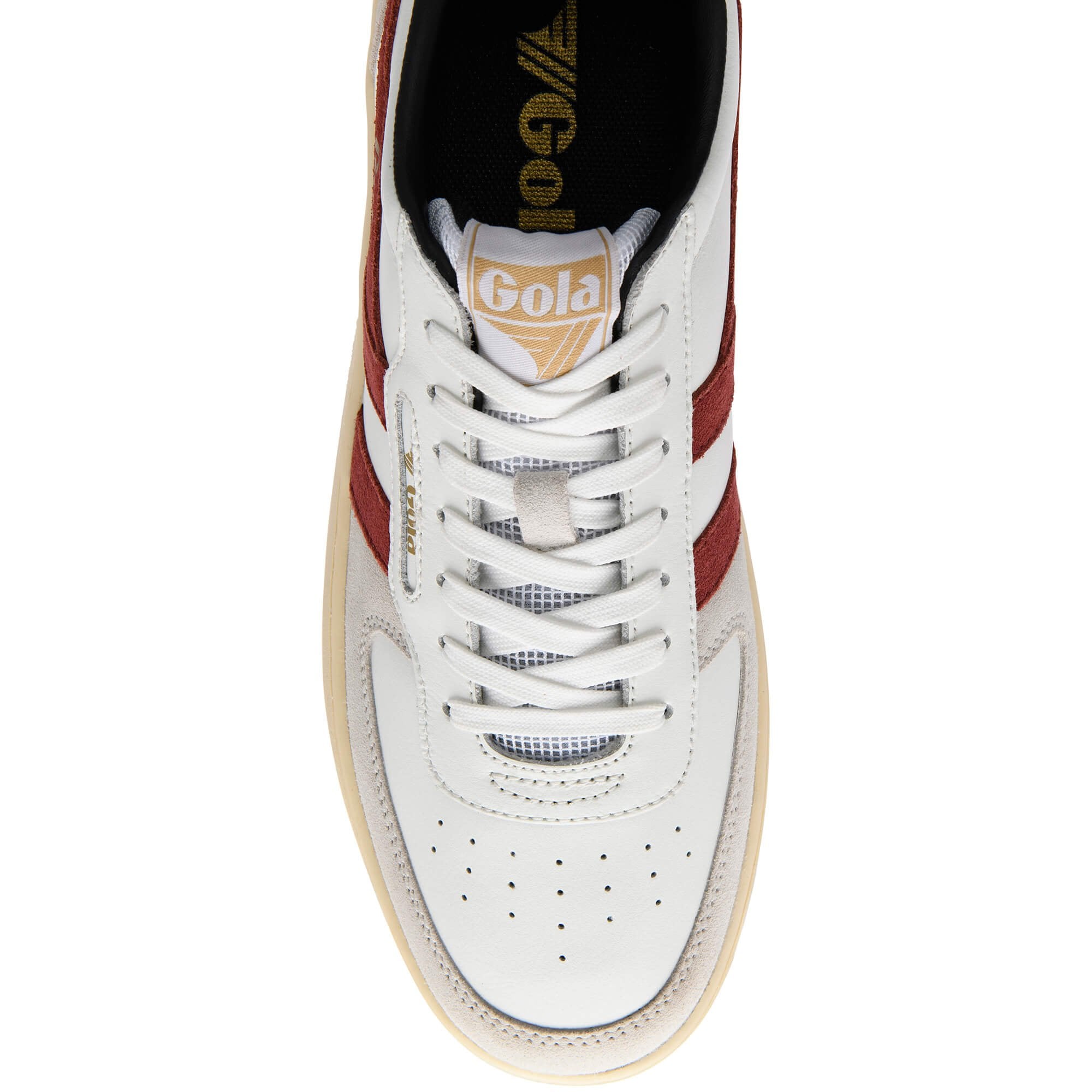 White trainer with red accents and Gola logo on a white background