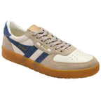 Beige and blue trainer with brown sole on a white background