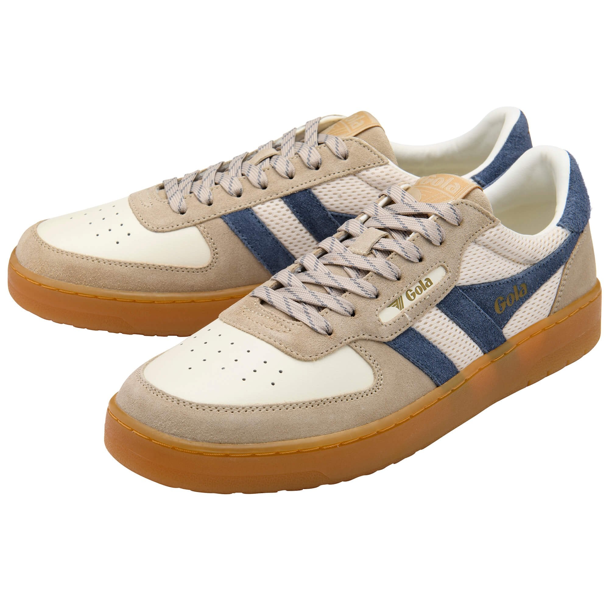 Pair of Gola sneakers in cream, beige, and blue with gum soles
