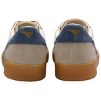 Pair of trainers with a blue and beige design on a white background