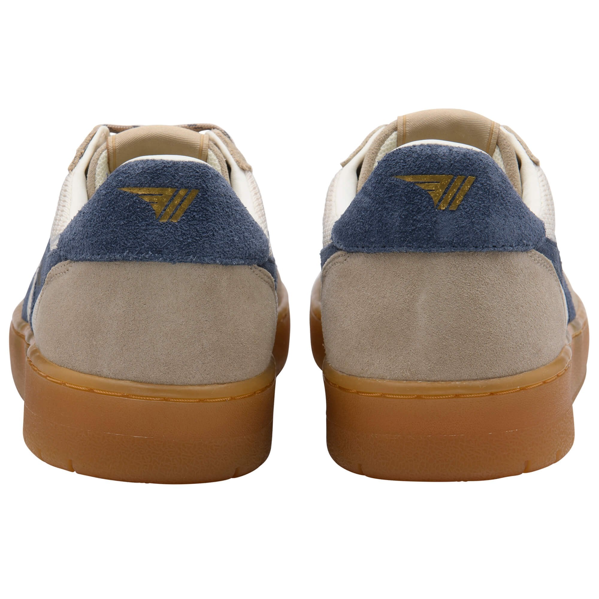Pair of trainers with a blue and beige design on a white background