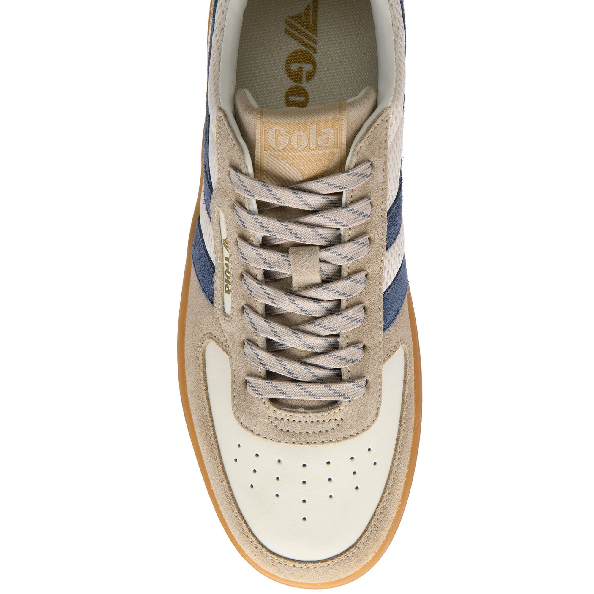 Beige and blue trainer with Gola logo on a white background