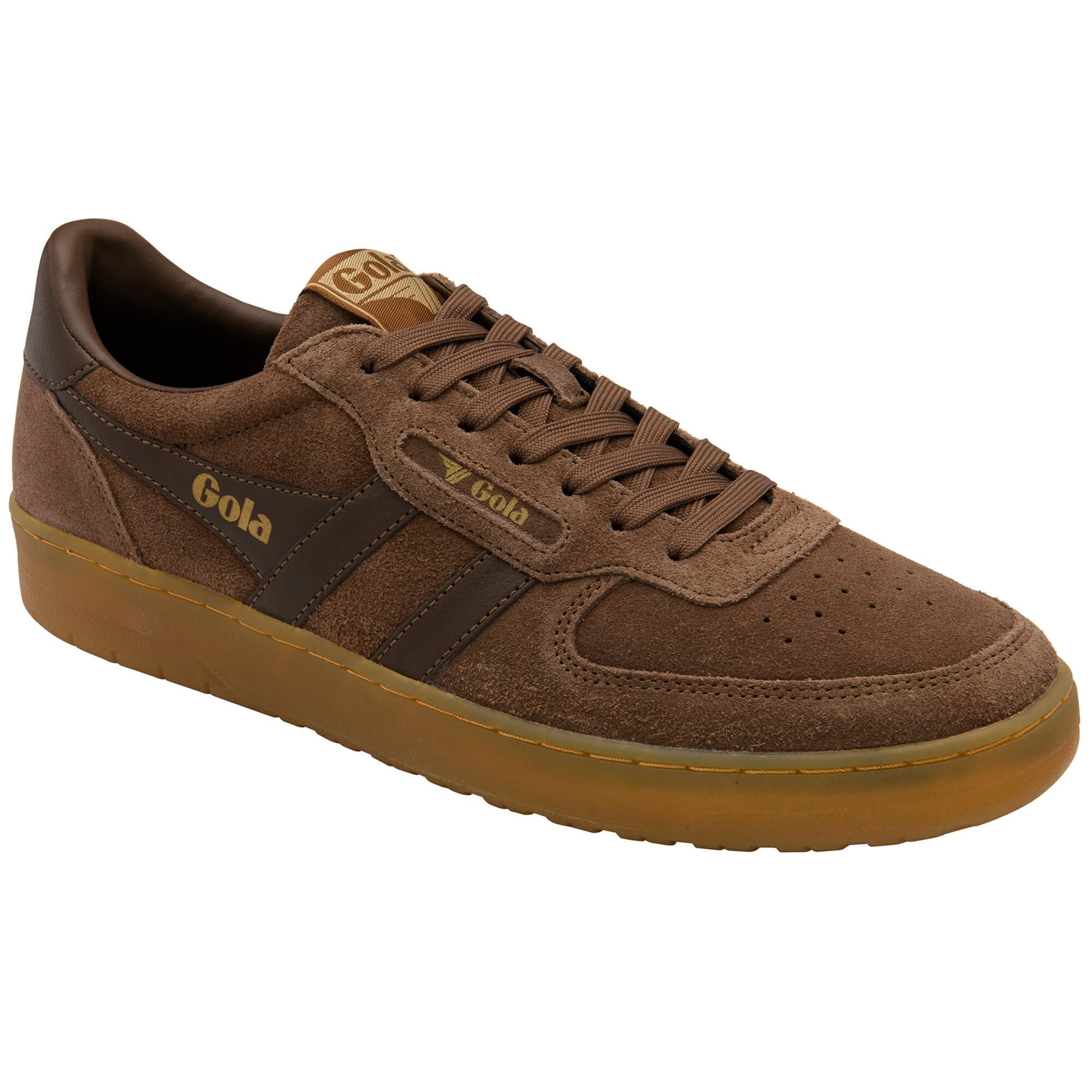 Brown suede trainer with 'Gola' branding on a white background