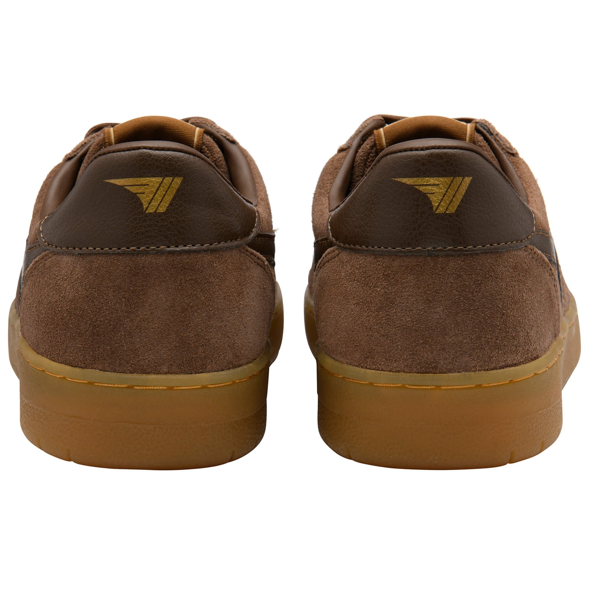 Brown suede trainers with gold accents on a white background