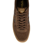 Brown Gola low-top trainer with dark brown laces and a tan sole