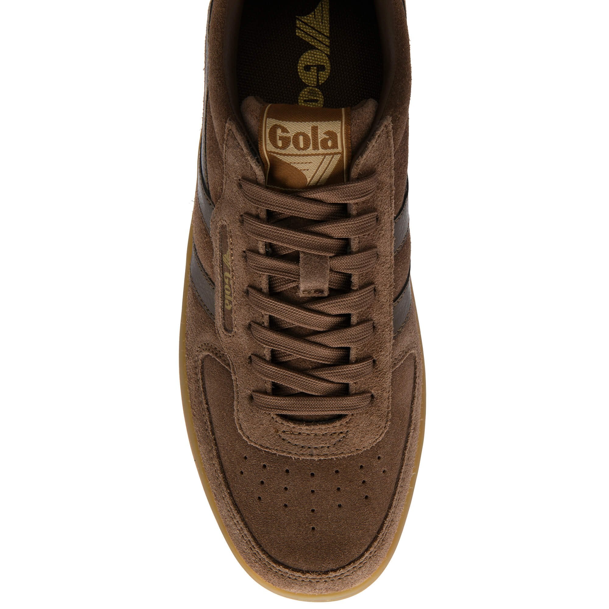 Brown Gola low-top trainer with dark brown laces and a tan sole