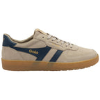 Beige trainer with blue accents and 'Gola' branding on a white background