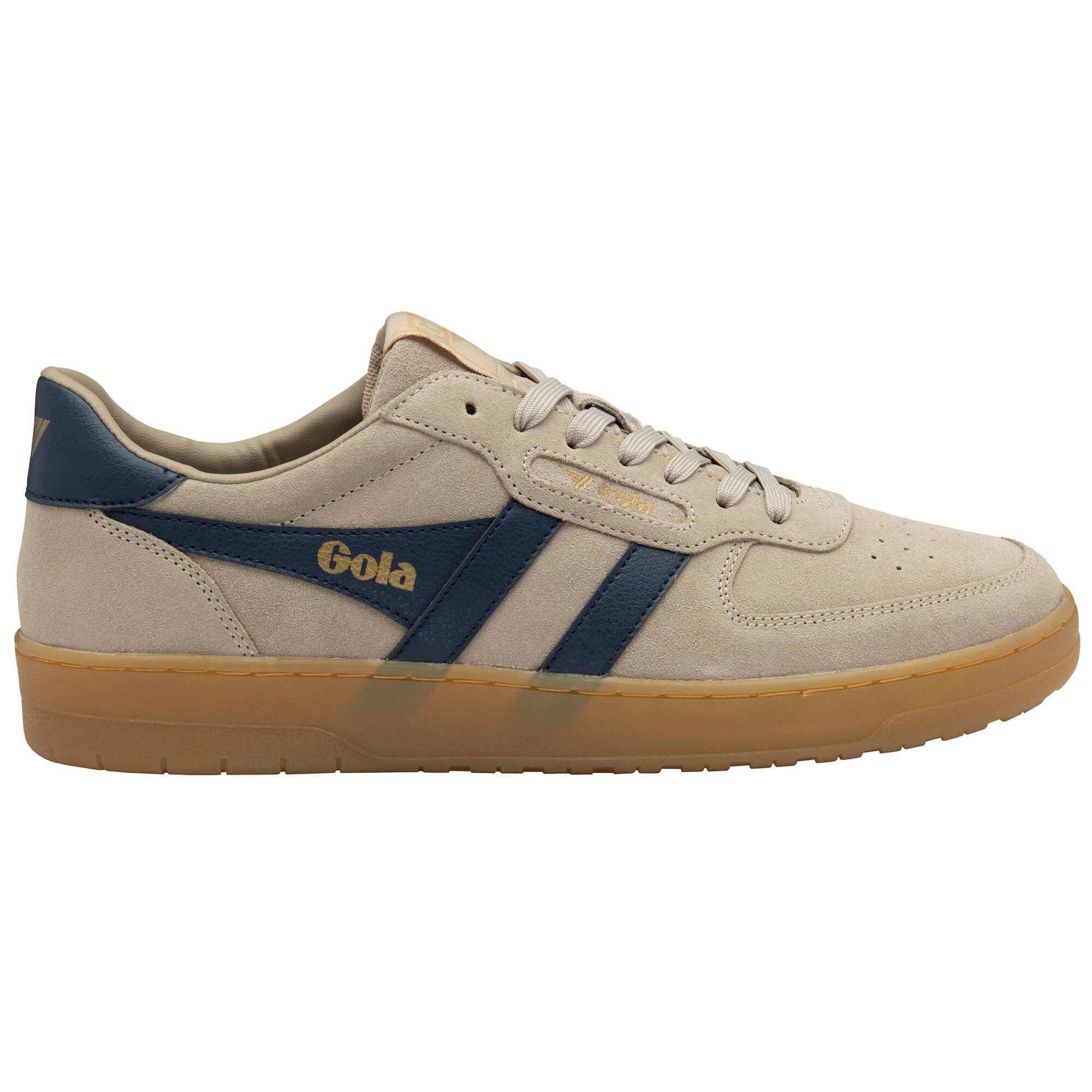 Beige trainer with blue accents and 'Gola' branding on a white background