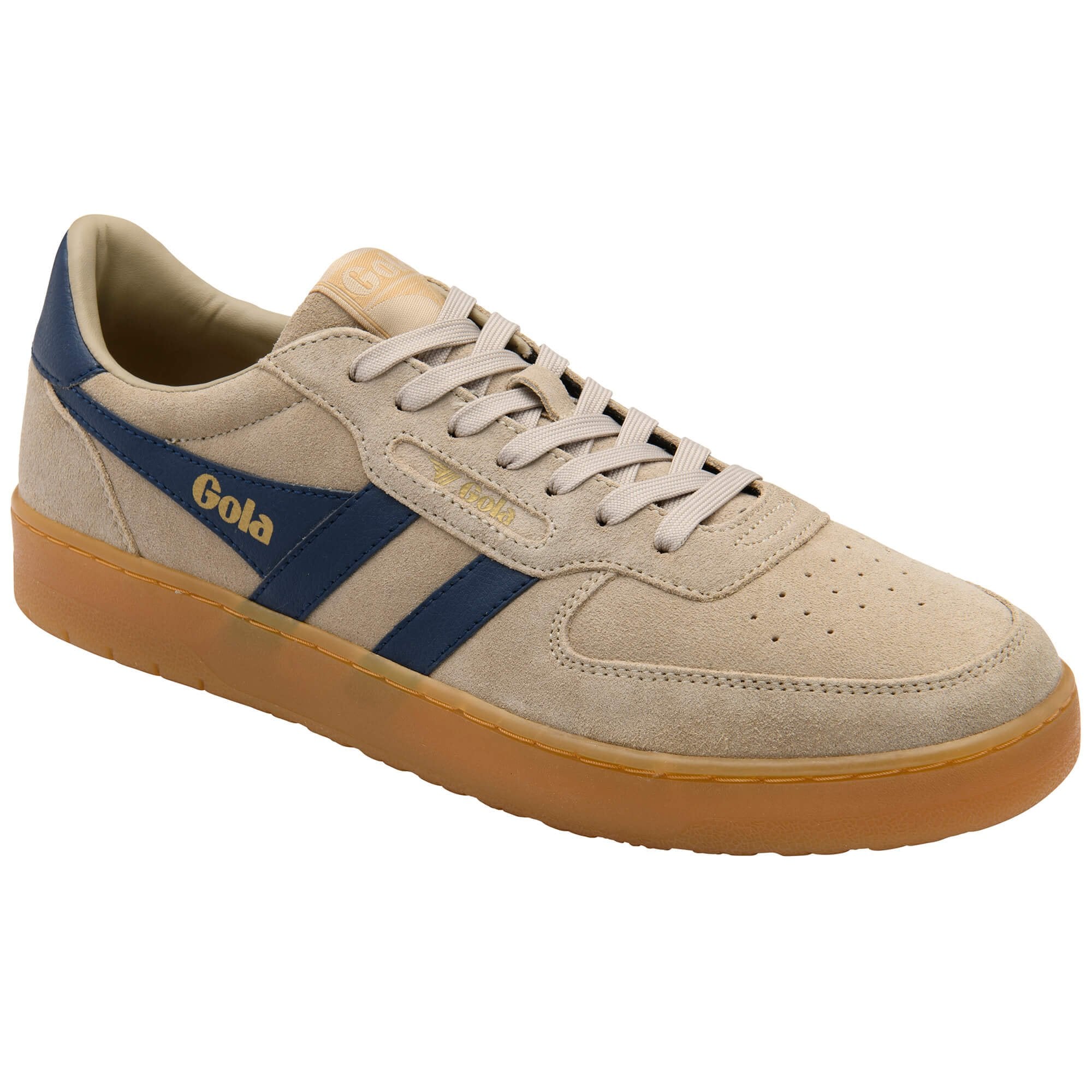 Beige trainer with blue stripe and 'Gola' branding on a white background