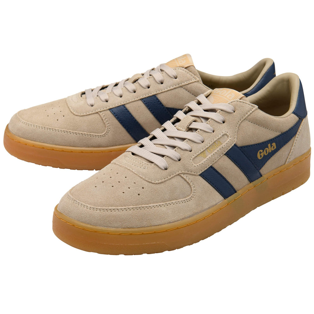 Pair of Gola trainers in beige suede with navy blue stripes and gum soles