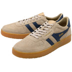 Pair of Gola trainers in beige suede with navy blue stripes and gum soles