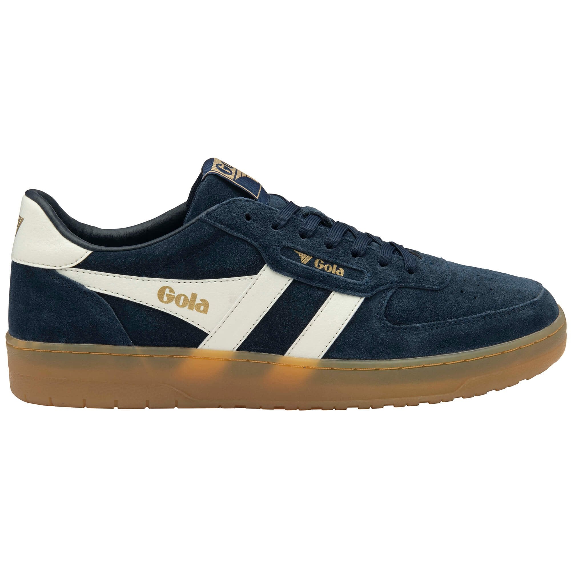 Navy blue trainer with white stripes and 'Gola' branding on a white background