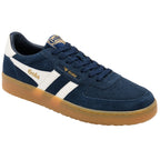 Gola men's low-top trainer in navy suede with white stripes and a gum sole