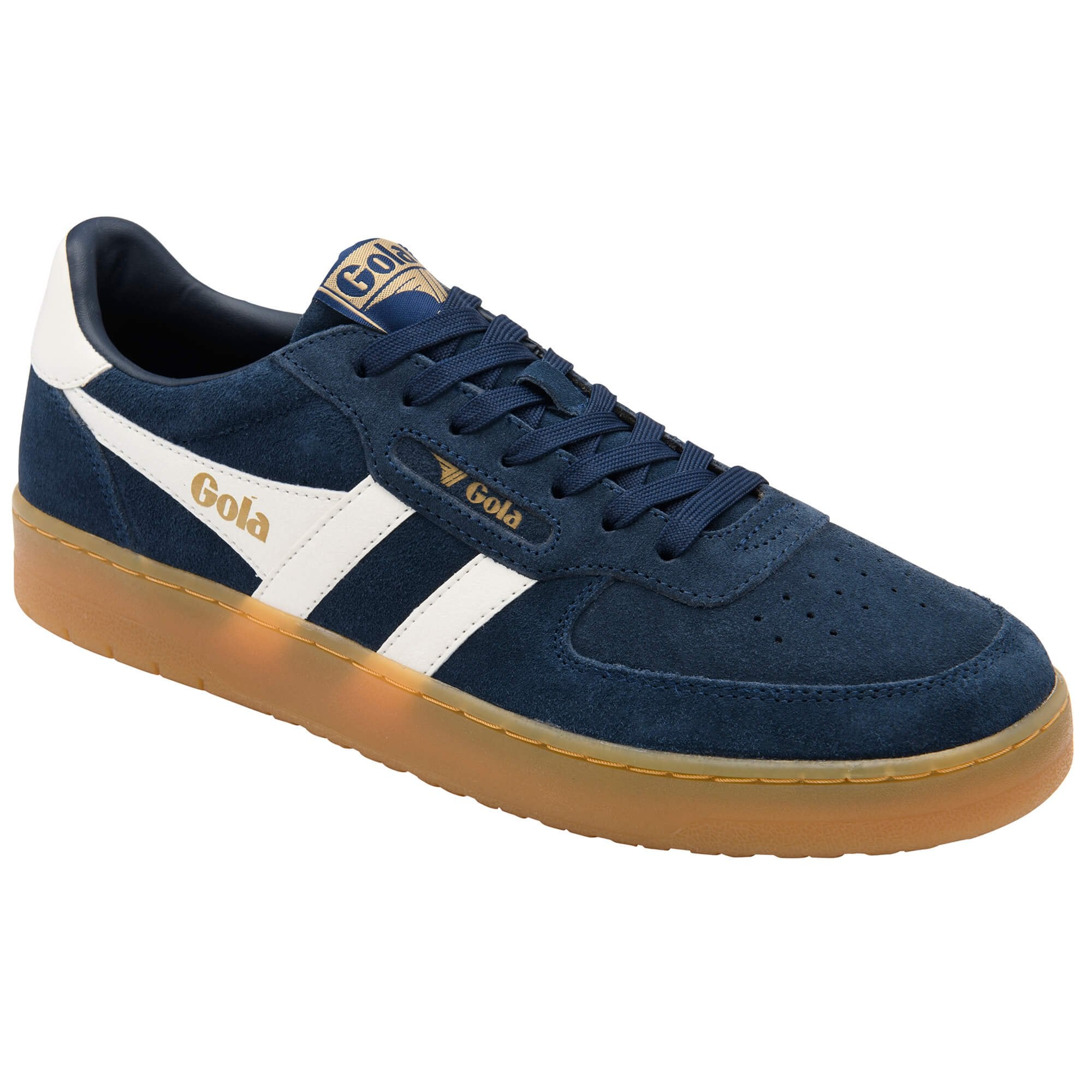 Gola men's low-top trainer in navy suede with white stripes and a gum sole