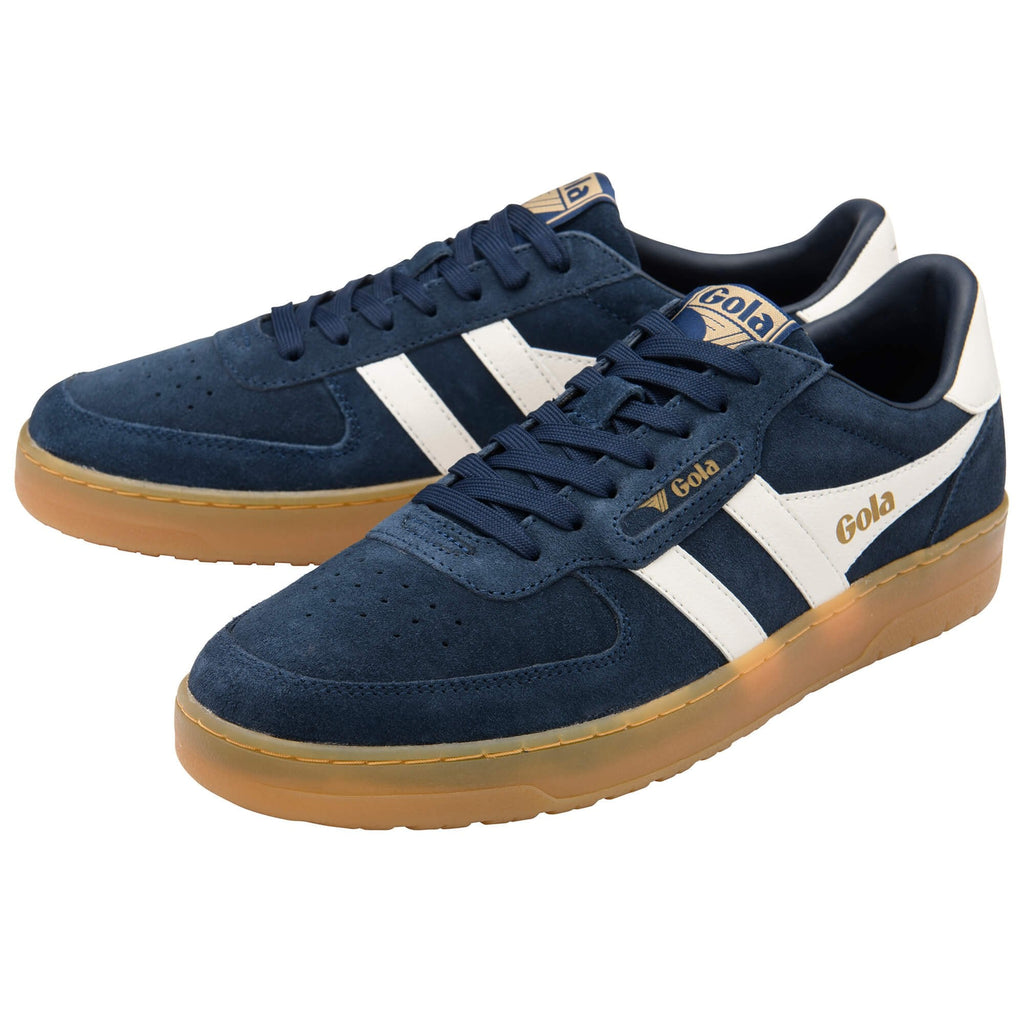 Pair of Gola trainers in navy blue suede with white stripes and gum soles