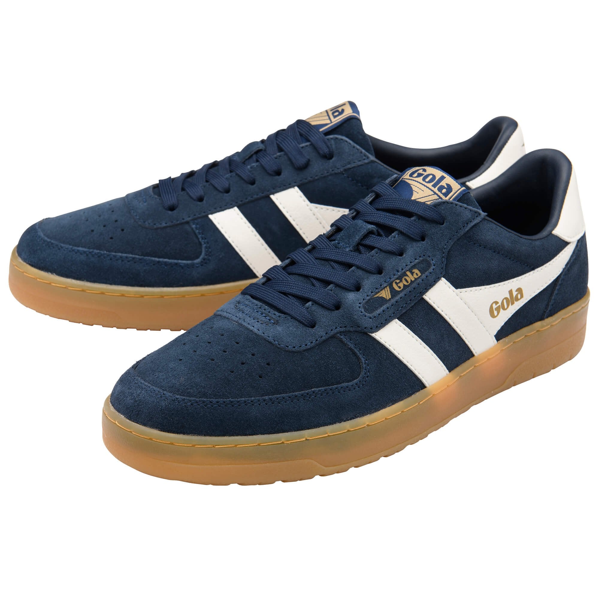 Pair of Gola trainers in navy blue suede with white stripes and gum soles